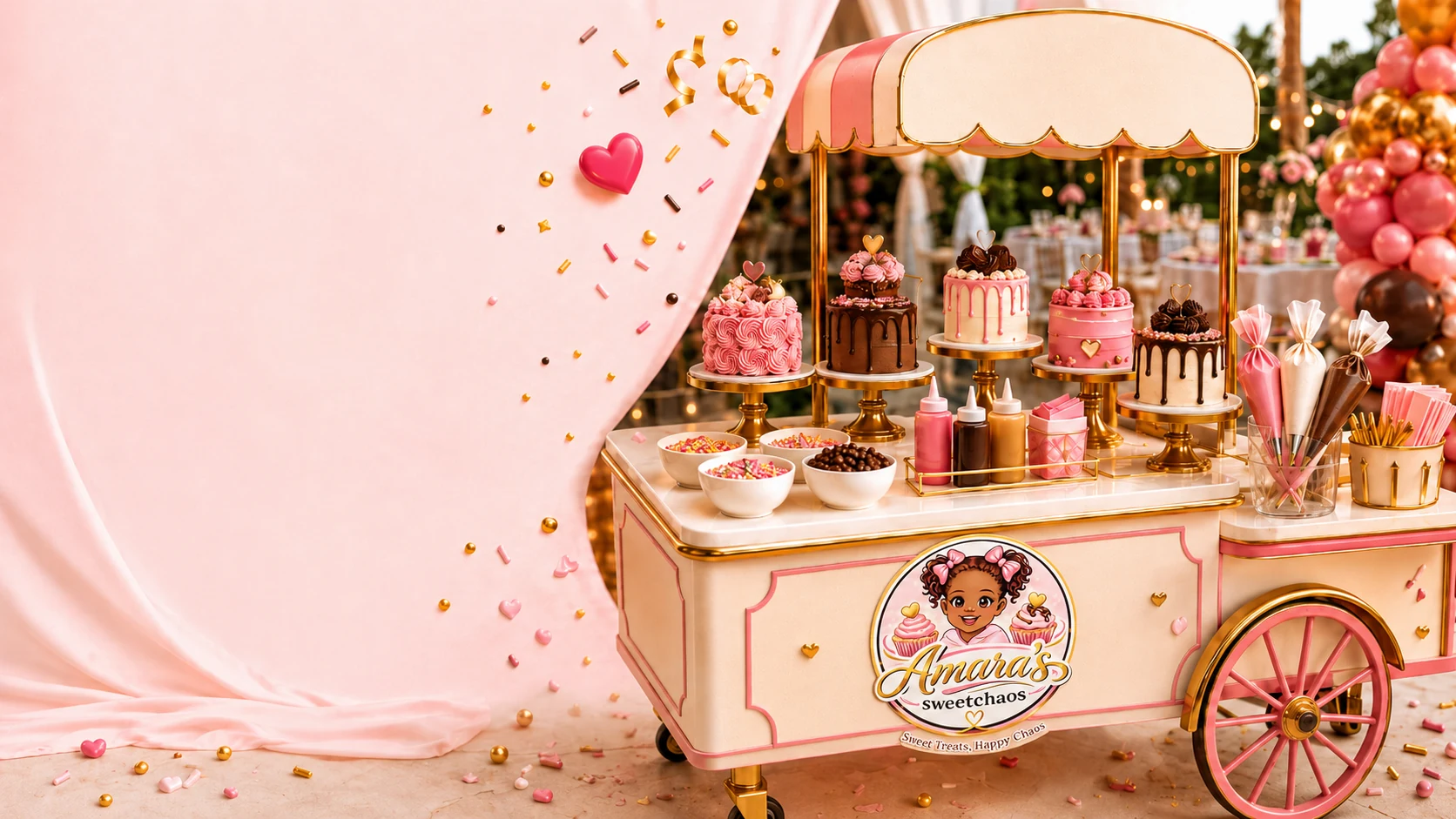 Pink and gold mobile mini cake cart with decorated cakes and toppings